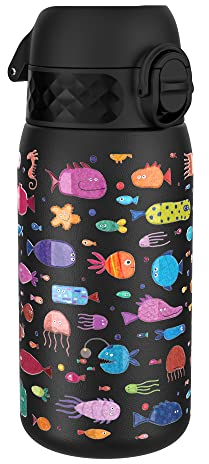 Ion8 Gourde Isotherme Enfant, Inox, 320ml, Anti-Fuite, Facile à Ouvrir, Verrouillage Sécurisé, Lavable au Lave-Vaisselle, Poignée de Transport, Durable, Acier Inoxydable, Motif 3D Poisson Liberté