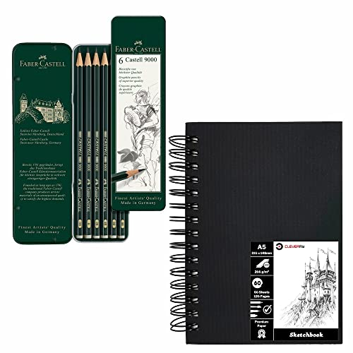 Cleverry Art Set mit Skizzenbuch A5 bundle mit Bleistift Faber-Castell 9000, Skizzenblock zum Zeichnen 120-seitiges (60 Blatt), 6er Etui Art Supplies, Art Kits für Kinder Jugendliche, Erwachsene