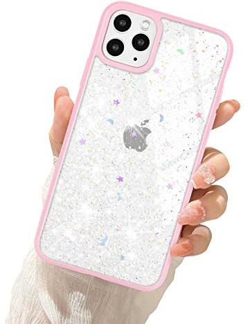 Newseego Custodia Trasparente Glitter Compatibile con iPhone 11 Pro Max per Ragazze Donne, Brillante Custodia per Telefono Morbida TPU Antiurto Protettiva Paraurti Cover per iPhone 11 Pro Max-Rosa