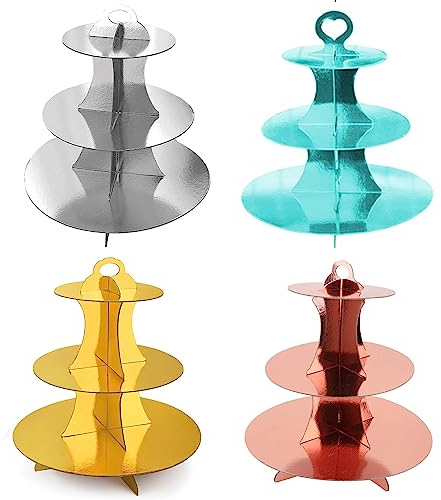 Young Wolf 4 Pack 3-Tier Round Cardboard Cupcake Stand Cupcake Holder Dessert Tower for 24 Cupcakes Suitable for Wedding, Birthday, Baby Shower and Festival Party (Multi-Colors)
