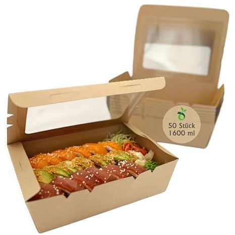 ECOPICNIC Lanchbox in Carta Kraft con Coperchio con Finestra 1600 ml - Confezione da 50 Pezzi | Scatole per Alimenti da Asporto, Contenitori Monouso per Cibo, Vaschette per Dolci