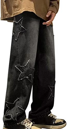 NKPUYT Baggy Jeans Herren Y2K, Hip Hop Hose Herren Baggy 90Er Jeans Vintage Bedruckt Denim Hosen Teenager Jungen Skateboard Jeans Gerade Jeanshose mit Weites Bein Harajuku Denim Pants