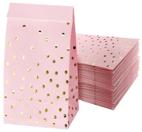 Sacs en papier Bonbon Lot de 24 Sacs cadeaux Rose avec feuille d'or Sac de cotillons de fête 21 x 12 x 7cm Sacs à papier kraft