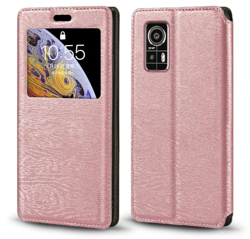 Shantime für AGM H6 Hülle, Holzmaserung Ledertasche mit Kartenhalter und Fenster, Magnetisches Flip Cover für AGM H6 (6,5 Zoll) Roségold