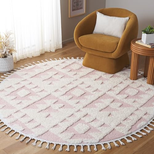 Safavieh MTS688U-7R Tapis marocain rond à pompons – 2 m, ivoire et rose, design marocain, idéal pour les zones à forte circulation dans le salon, la chambre à coucher et la salle à manger (MTS688U-7R)