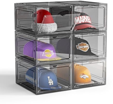 ZHAIXIAONIAN Hat Organizer Box for Baseball Caps, 6 Pack Plastic Hat Storage Display Case with Magnetic Door, Hat Holder Rack for Closet, Snapback Organizer, Hold 8 Caps Each, Black
