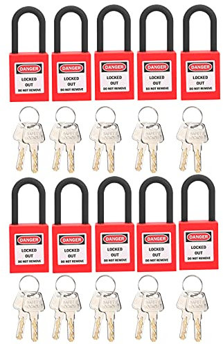 Juego de cerraduras de bloqueo y etiquetado, 10 cerraduras con llaves diferentes, 2 llaves por candado con etiqueta de bloqueo, seguridad para kits eléctricos, fábricas, sitios de construcción (Rojo)
