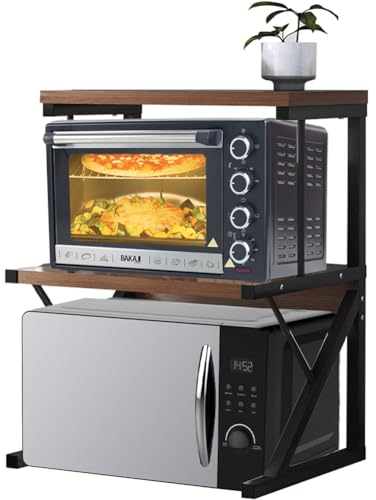 Shally Dogan Étagère de Rangement pour Micro-Ondes en Acier, étagère de Cuisine avec étagère à épices, unité d'étagères 2 Compartiments Pieds antidérapants, étagère Design Moderne (Noyer + Noir)