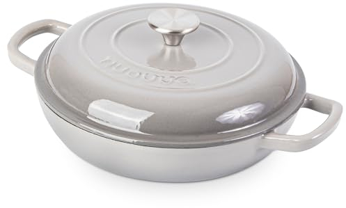 Shallow Cast Iron Casserole with Lid – Non Stick Dutch Oven Pot, Oven Safe up to 500° F – Sturdy Ovenproof Stockpot Cookware – Enamelled Cooking Pot – Grey, 2.3-Quart, 26cm – by Nuovva