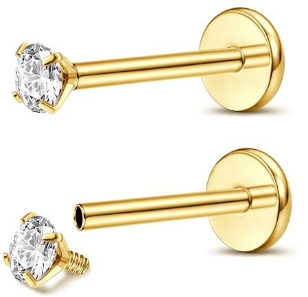 ADRAMATA 2Pcs Titanium Labret & Nose Piercing Jewellery - Internally Threaded Medusa & Cartilage Earrings - Silver & Gold Tragus & Helix Piercing Studs