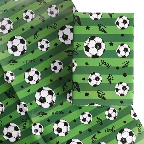 COLOFALLA 4pcs Fußball Geschenkpapier 50x70cm Fussball Verpakungspapier Geschenk Packpapier für Junge Männer Geburtstag Grün Geschenkpapier Kinder Football Geschenk Papier