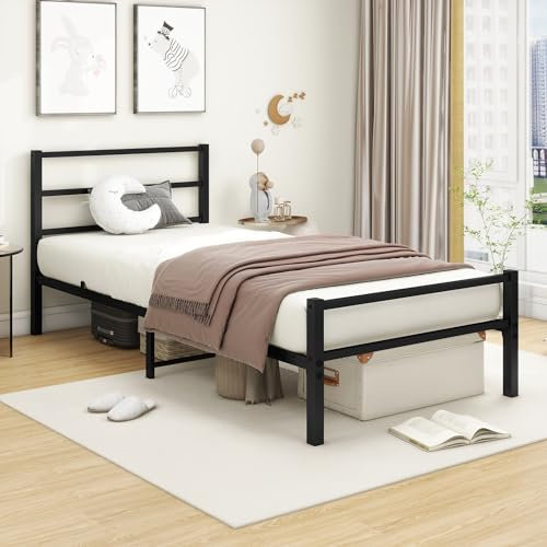 MOFLUT Single Bed Frame with Storage and Headboard and Footboard, 3ft Upholstered Metal Single Bed Frame with Slats Enhanced Support, No Box Spring Needed, Noise Free,Easy Assembly, Black
