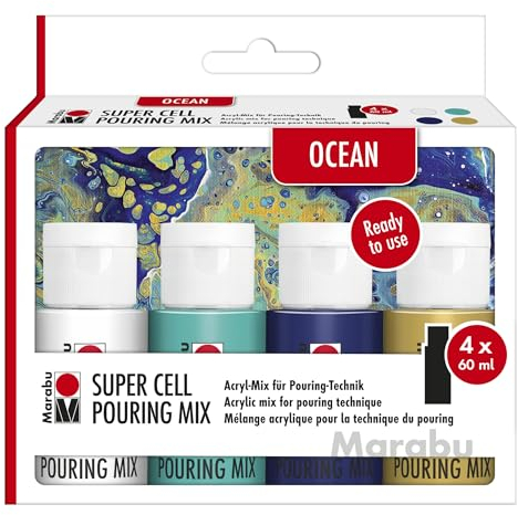 Marabu Perfect Cell Pouring Mix OCEAN, 4 x 60 ml Farbe, gebrauchsfertiger Acryl-Mix für Pouring-Technik, wasserfest, lichtbeständig, trocknet seidenmatt auf, 1210000000301