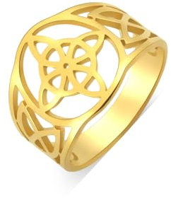 Dreamtimes Hexenknoten Ring aus Edelstahl mit keltischem Amulett und geometrischen Knoten - Vintage-Schmuck, Stapelbarer Irischer Schmuck für Frauen (Gold-9)