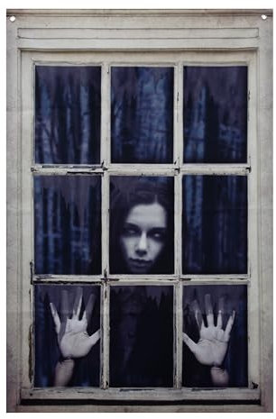 Global Gizmos Horror Girl Halloween Window Display / 120 x 80cm Size/PVC Material/Built-in Hanging Holes/Halloween Backdrop For Windows, Doors, Parties & More