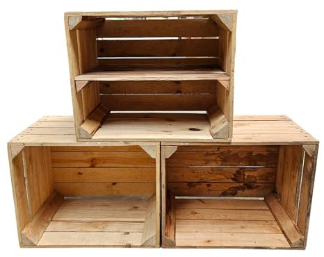 Teramico Vintage gebrauchten Holzkisten/Obstkisten/Weinkisten original aus dem Obstanbau mit Ablagefach geflammt 50 x 40 x 30cm (3er Set | 1 x Ablage Lang)