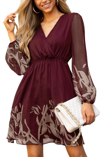 CUPSHE Women's Floral Print Chiffon A-Line Mini Dress Long Peasant Sleeves Elastic Autumn Dress Burgundy Floral M
