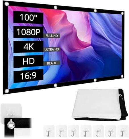 QWORK Pantalla de proyector de 100 pulgadas, pantalla de proyección plegable HD 16:9, pantalla de proyector antiarrugas con accesorios, para uso en interiores y exteriores