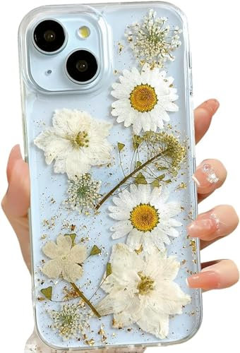 Riccase for iPhone 13 Case Clear with Real Dried Flower Patterns, Shockproof Transparent Soft TPU Protective Bumper Slim Glitter Cute Floral for iPhone 13 Phone Case,Daisy