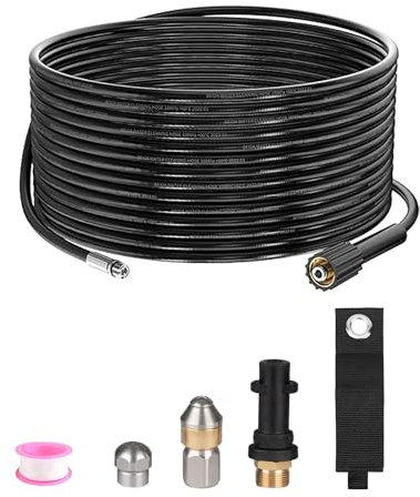 MATXREE 15M Rohrreinigungsschlauch für Kärcher K2 K3 K4 K5 K6 K7, 180Bar 60°C Rohrreinigungsset Abflussreiniger Schlauch mit Düsen Starr + Rotierend, Adapter für Kärcher Hochdruckreiniger