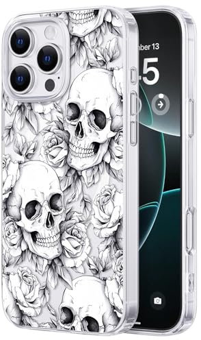 FEWGEY Skull Phone Case for iPhone 16 Pro Compatible with MagSafe, Clear Skeleton Gothic Witchy Grunge Halloween Cool Design, Heavy-Duty Protection for Women Girls Men Boys, Black White Rose Skull