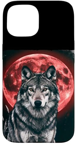 Japanese Wolf and Red Moon Mystical Scene Case for iPhone 15