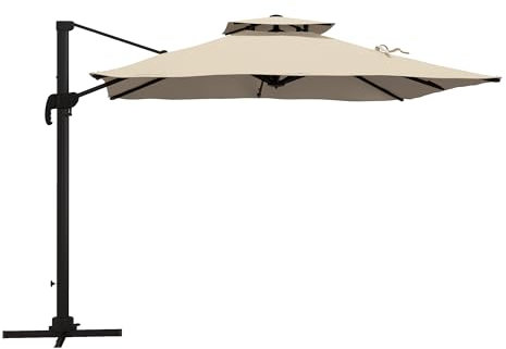 Outsunny Parasol déporté carré 3 x 3 m, parasol de jardin extérieur avec manivelle, base croisée, parasol rotatif à 360°, toile polyester 250 g/m², double toit, 8 baleines, kaki
