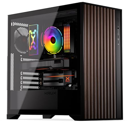 KRUX Palum PC-Gehäuse, Elegantes Design mit Echtholz-Elementen (Dunkles Holz), ATX/mATX, Seitenpanel aus gehärtetem Glas, 2X 120mm Lüfter inklusive, USB-C, USB 3.0, Schwarz