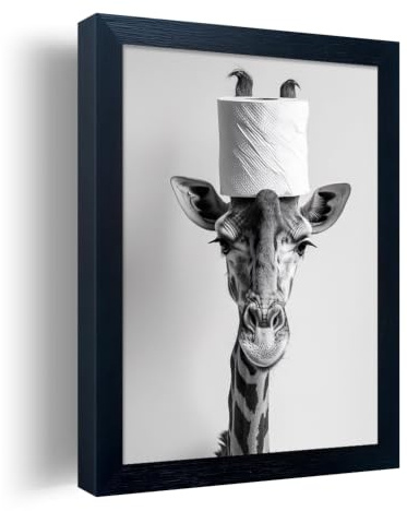 Lustige Badezimmer-Wanddekoration, Giraffe mit Toilettenpapierrolle auf Kopf, Kunst-Dekor, schwarz-weiße Badezimmerbilder, Wanddekoration, gerahmter Humor, Tier, Leinwanddruck, Kunstwerk