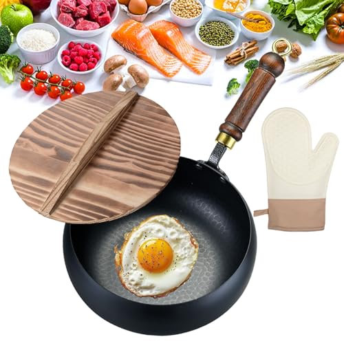 Japanese Iron Pan, Uncoated Non Stick Iron Pan for Cooking, 24/28/30cm Multiple Uses Cast Frying Pot, Hand Forged Big Belly Pot with Wooden Lid for Stoves, Induction Hobs (with lid, 24cm)