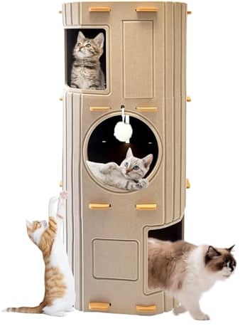 Homegroove 3-Storey große Katze Haus für Indoor Katzen, gemütliches Felz Katze Höhle Bett mit Tunnel Hideaway, Multi-Cat Condo für Ruhe & Spiel (Kamel, Groß)