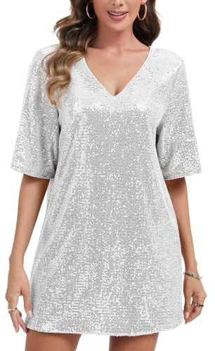 Damen Minikleid mit Pailletten, glitzernd, V-Ausschnitt, halbe Ärmel | Damen Glitzer Pailletten Kleid Sparkle Rundhals V-Ausschnitt Halbarm Lose Rückenfrei Mini T-Shirt Kleider für Party Club