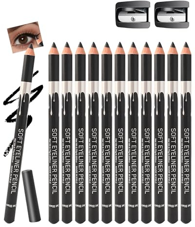 12 Pcs Matte Eyeliner Schwarz, Seidiger Weicher Kajalstift mit Anspitzer, Wasserfest Langanhaltend, Multi-use Eye Liner Pen, Vegan, Hochpigmentiert Eyeliner Intensive Black Make-up-Stift für Frauen-C