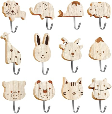 Lot de 12 crochets autocollants en bois pour enfants en forme d'animal | 12 crochets muraux en bois pour enfants, sans perçage, pour chambre à coucher, salle de bain