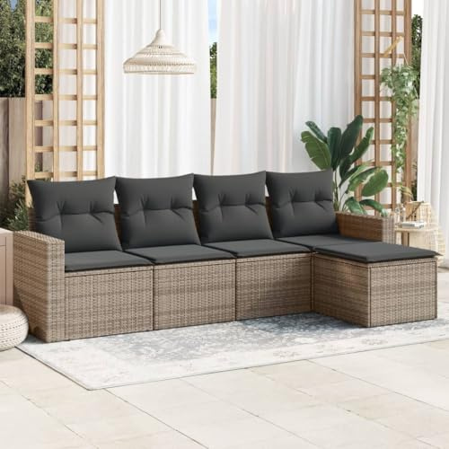 Holamys 5-TLG. Garten-Sofa Garnitur Grau Poly Rattan, Modulares Outdoor Möbel Set mit Kissen, UV-beständig, pulverbeschichteter Stahlrahmen, für Terrasse Balkon Garten