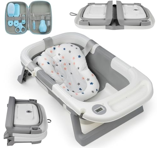 Baby Badewanne Faltbar mit BabyBadekissen, Badethermometer & Baby Pflegeset – Babywanne XXL für Neugeborene bis 36 Monate – Rutschfeste Baby Bathtub, Abflussloch & Tragbar – Ideal als Geburtsgeschenk