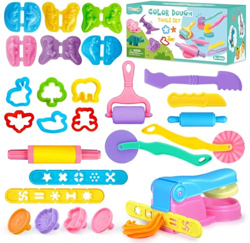 VConejo Dough Tools Set for Kids, 26 pcs Dough and Clay Accessories with Stamps, Animal Cutters, Rollers, Extruder, Dinosaur Dough Play Molds, Educational Toys for Boys Girls