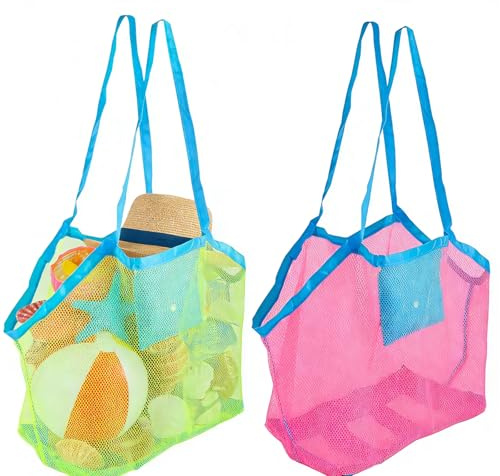WTpin Bolsa de Malla Grande para Juguetes de Playa, Arena y Agua,2 Unidades | Reutilizable y Plegable para Niños, Playa, Pícnic, Vacaciones Familiares