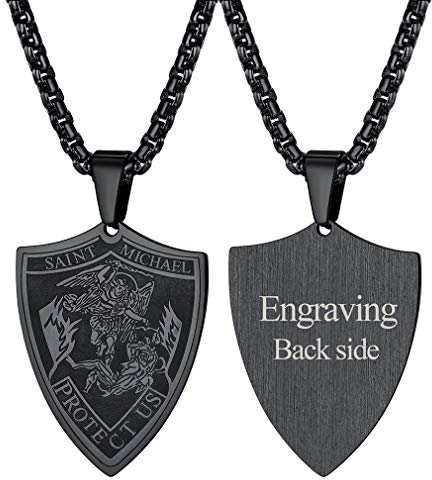 FaithHeart Personalisierter Saint Michael Serie Schmuck, Schwarze personalisierte Schildform Halskette Heiliger Michael Plektrum Halskette für Herren…