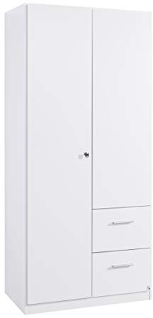Rauch Möbel Buchholz Schrank abschließbar, Abschließbarer Kleiderschrank in Weiß 2-türig mit 2 Schubladen inkl. Zubehörpaket Basic 1 Kleiderstange, 3 Einlegeböden BxHxT 91x197x54 cm