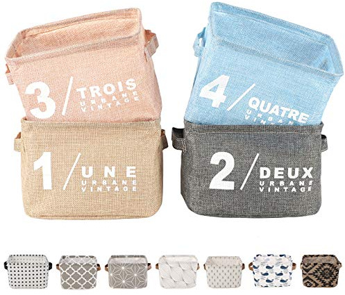 LessMo 4 Pack Storage Baskets, Collapsible Mini Storage Boxes, Canvas Fabric Waterproof Storage Bins made from Cotton and Linen, for Toys, Bathroom, Closets, Playroom (DELUXE, Thin/waterproof)