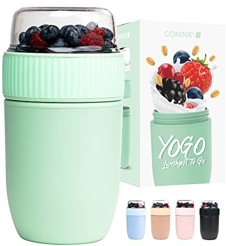 Coninx Overnight Oats Container - Lunchpot to Go - Yoghurt & Muesli Cup Reusable - Leakproof Dual Compartment - Keeps Food Separated and Fresh – Versatile Easy to Clean Breakfast Pot - Green