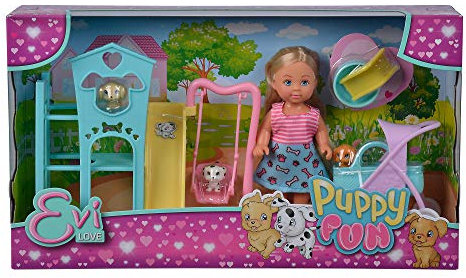 Simba Evi Love Puppy Fun/Puppe mit DREI süßen Hundewelpen und tollem Hundespielplatz/Schaukel, Rutsche und 2-in-1 Buggy / 12cm / Für Kinder ab 3 Jahren geeignet