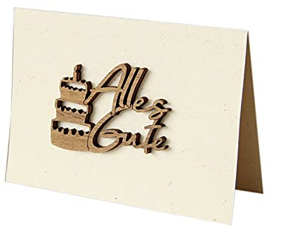Original Holzgrußkarte - Papierkarte mit Schriftzug aus Echtholz in NussAlles Gute, inkl. Motiv Torte, Postkarte, Geschenkkarte, Klappkarte, Karte, Geburtstagskarte