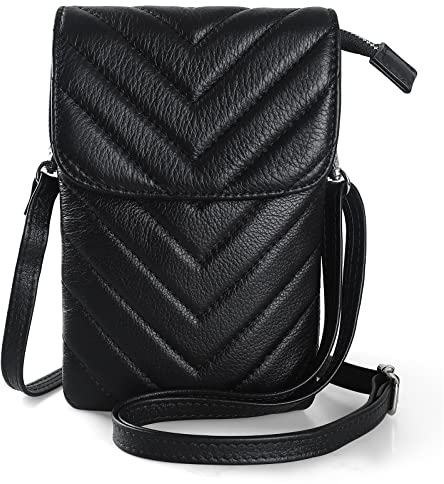 befen Echtleder Handytasche zum Umhängen, Handy Umhängetasche Damen Klein, Handtasche mit Geldbörse zum Umhängen Leder, Crossbody Bag Damen mit Verstellbarer Riemen und Schlüsselanhänger, V-Schwarz