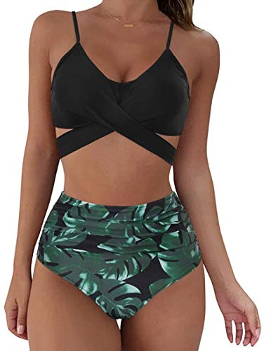 Jarseila Femme Maillot De Bain 2 Pièces Sexy Push Up Swimwear de Plage Triangle Soutiens-Gorge Taille Haute Bikinis Classique Brésilien, Feuilles, XXL
