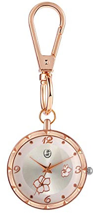 JewelryWe Blumen Uhr mit Karabiner Schlüsselanhänger: Damen Karabineruhr Blütenblätter Analog Quarz Taschenuhr mit Blau Rundem Zifferblatt und Rosegold Gehäuse