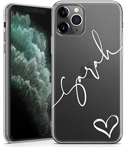 TULLUN Personalised Phone Case for iPhone 13 - Clear Soft Gel TPU Custom Cover Hearts Design Individual Style Initials Text - White Diagonal Name