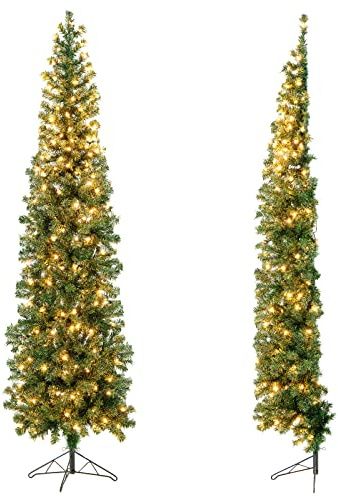 GYMAX 210 cm Künstlicher Halber Weihnachtsbaum, Tannenbaum mit 450 Spitzen, Kunstbaum Christbaum mit 150 LED-Leuchten, Material PVC