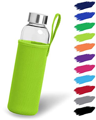 NOMA Glasflasche 0,5l mit Neoprenhülle | Trinkflasche aus Glas in 500ml, 600ml & 1000ml mit Schutzhülle und Edelstahldeckel | Wasserflasche für Sport, Büro, Schule & Outdoor | Hellgrün